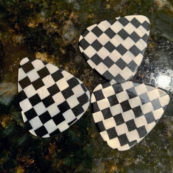 NEW Handmade Classic Checkered Guitar Pick Silver Drop Hook Earrings - Picture 4 of 8